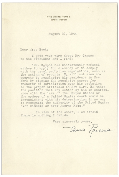 Eleanor Roosevelt Letter Signed as First Lady -- Roosevelt Writes to Journalist Pearl Buck Regarding the Plight of Puerto Rican Nationalist Pedro Albizu Campos